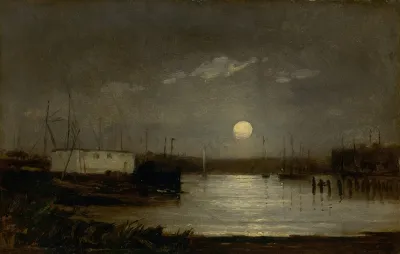 Untitled Moon Over A Harbor Wharf Scene With Full Moon And Masts Of Boats