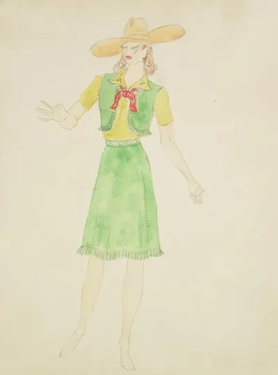Up We Go Yellow Shirt Green Fringe Vest Green Fringe Skirt Red Tie And Yellow Cowboy Hat