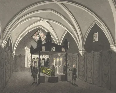 Vaulted Interior With Catalfalque Coffin And Attendants