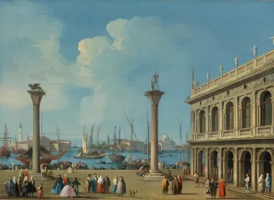 Venice A View Of The Molo From The Piazzetta Looking South To San Giorgio Maggiore With The Columns Of St Mark And St Theodore And The Biblioteca Sansoviniana