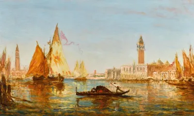 Venise Gondole Et Voiliers Devant Le Palais Des Doges Et San Giorgio Maggiore