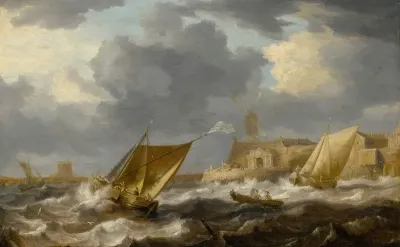 Vessels And A Rowing Boat On Choppy Waters Near A Small Harbor Town With A Windmill Possibly Hoboken