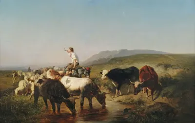 Vieh Und Schafherde Mit Eselreitendem Hirtenknaben In Weiter Landschaft
