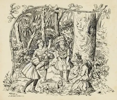Vier Meisjes En Een Kabouter In Een Bos