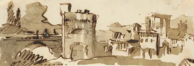 View Of A Town With A Fortified Bridge