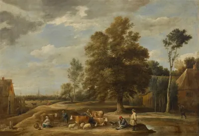 Village Landscape With Herdsmen A Milkmaid Cattle Sheep And A Dog A City Beyond