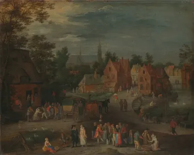 Village With A Puppeteer Entertaining A Small Crowd