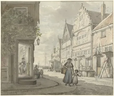Vrouw En Een Kind Lopen Op Straat In Een Vissersdorp