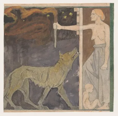 Vrouw Met Een Fakkel Een Kind En Een Wolf