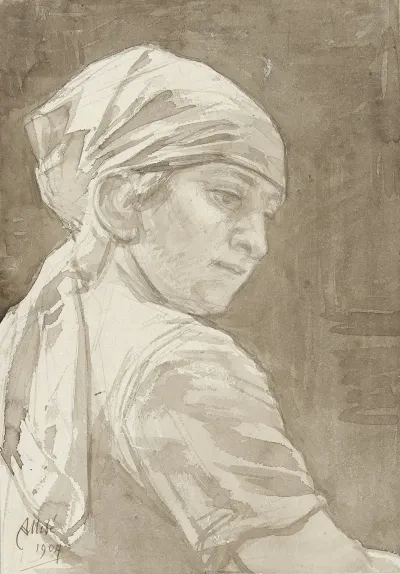 Vrouw Met Hoofddoek Naar Rechts Omkijkend