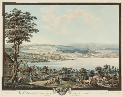 Vue Du Chateau Et De La Ville De Cerlier Et De Neuville Avec Les Environs Au Lac De Bienne
