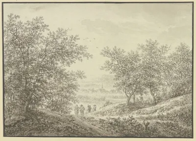 Waldausgang Mit Blick Auf Ein Dorfchen Im Vordergrund Vier Figuren