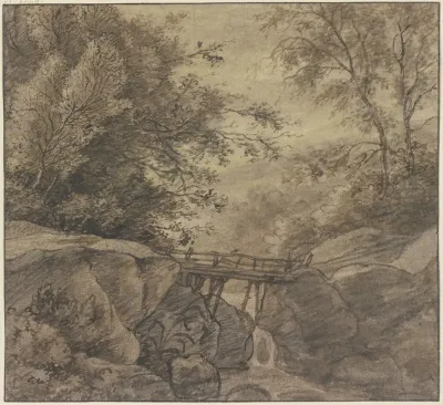 Waldbach Der Uber Felsen Sturzt Uber Die Eine Holzbrucke Fuhrt