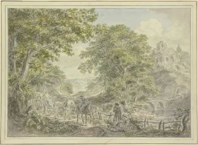 Waldige Landschaft Links Ein Leiterwagen Mit Zwei Pferden