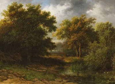 Waldlandschaft Mit Weiher Und Rastenden