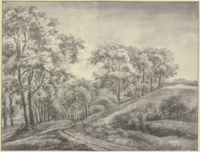 Waldpartie Ein Weg Schlangelt Sich An Einem Rechts Liegenden Baumlosen Hugel Vorbei In Einen Laubwald Hinein Links Im Hintergrund Einige Hutten
