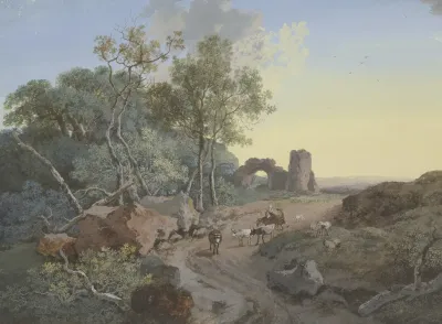 Waldpartie Und Ruine Mit Einem Bogen An Einem Weg Mit Hirten Und Vieh