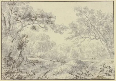 Waldweg Im Hintergrund Ein Haus Vorne Rechts Zwei Rastende