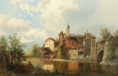 Watermill On A Riverbank By A Town