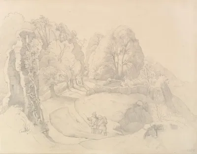 Wayfarers Near A Ruin In A Hilly Landscape