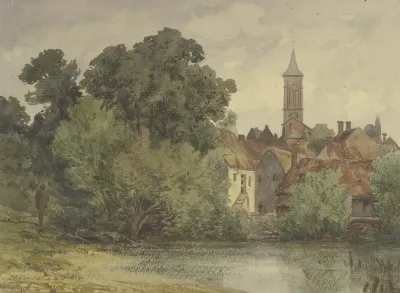 Weiher Dahinter Hauser Eines Dorfes Mit Kirchturm