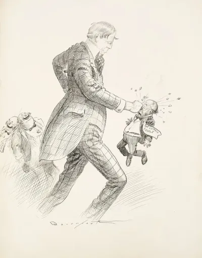 William Randolph Hearst Punches A Small Man Representing The Common People While Two Fat Men Representing Trusts Laugh