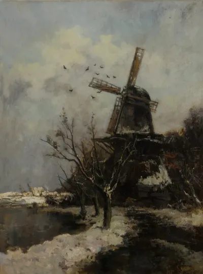 Windmill By A Stream In Winter