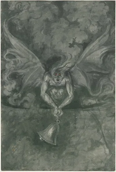 Winged Devil With Fiery Eyes Tolling A Bell