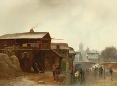 Winter Amusements With A Town In The Background