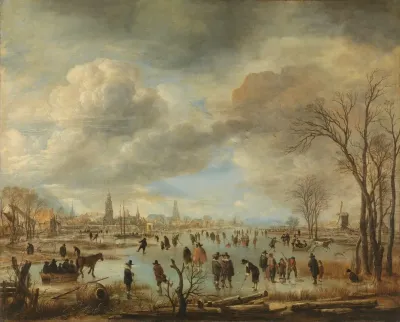 Winter Landscape Near A Town With Kolf Players And Horse Drawn Sleighs