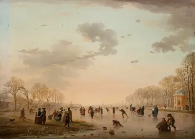 Winter Landscape With Ice Skaters On A River