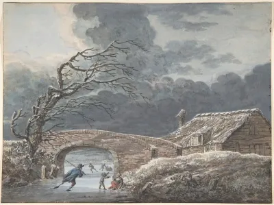 Winter Landscape With Skaters On A Frozen Canal