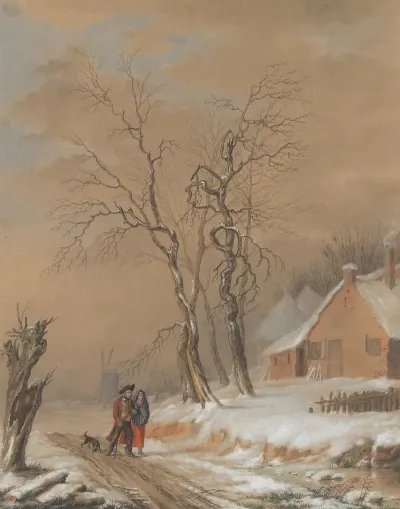 Winter Landscape With Two Figures And A Dog
