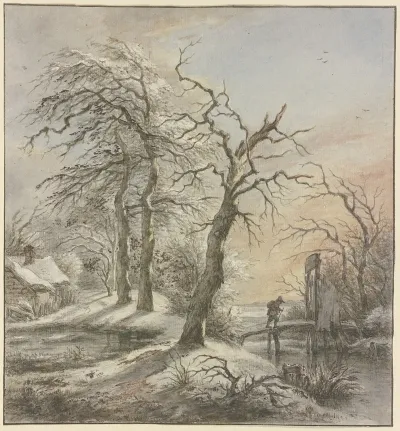 Winterlandschaft Ein Wanderer Uberquert Auf Einem Steg Einen Bach