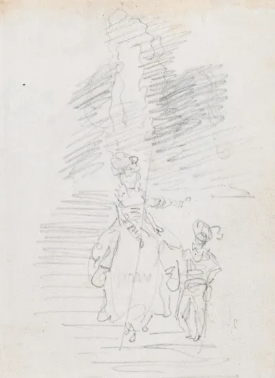 Woman And Smaller Male Figure On Grand Stairway Recto