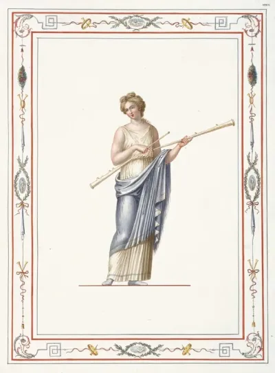 Woman In Classical Dress Holding Two Long Pipes