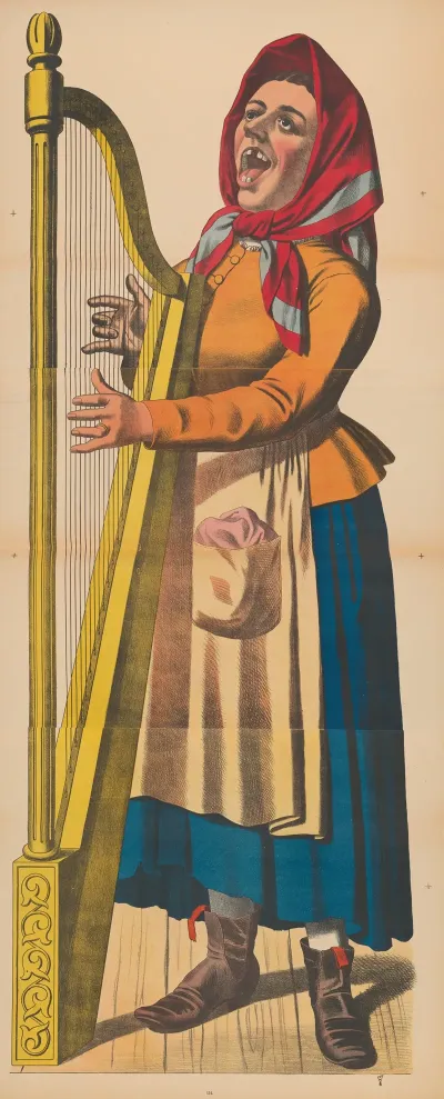Woman Playing Harp And Singing With Mouth Wide Open And Several Teeth Missing