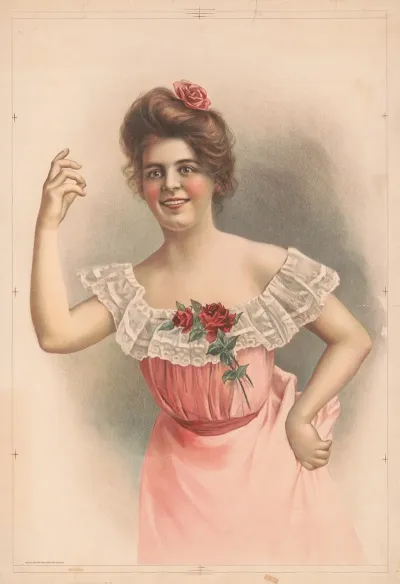Woman With Pink Rose In Hair Wearing Pink Dress With Red Roses On The Front