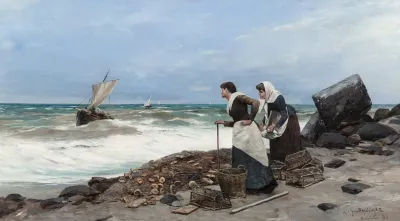 Women On Shore With Fishing Nets And Baskets