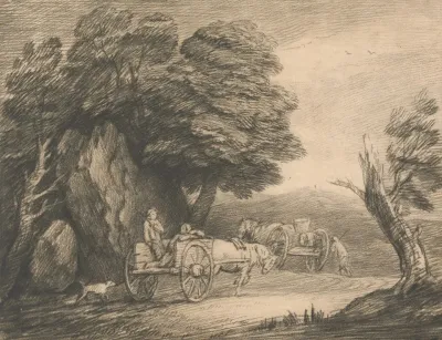 Wooded Landscape With Two Country Carts And Figures