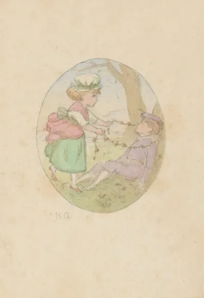 Young Girl Placing Flower Garland Around Seated Boys Neck