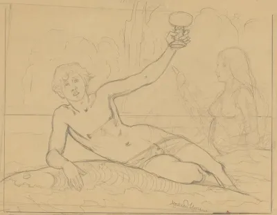 Young Man With A Chalice In His Hand Lying On A Fish With A Nereid In The Background On The Right
