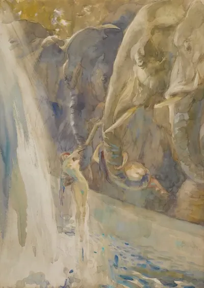 Young Women Lifted Up By Elephants