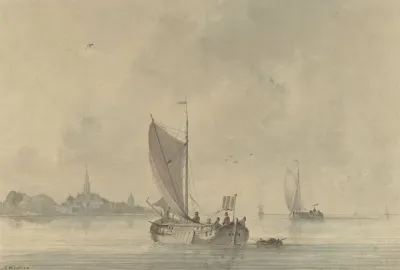 Zeilende Schuiten Op Het Water Voor Een Hollands Stadje