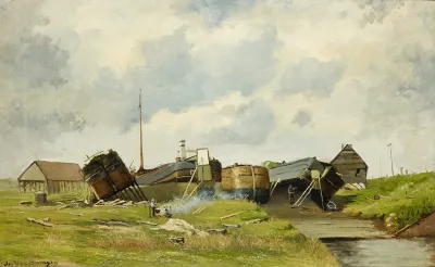 Zicht Op Een Werf Met Binnenschepen Te Emmahaveken Voorbij Doel