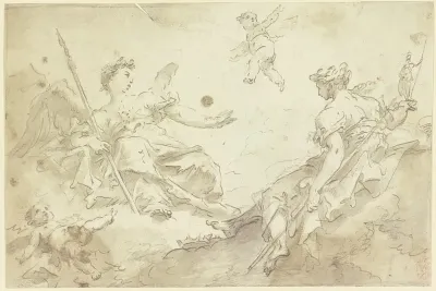Zwei Allegorische Frauenfiguren Mit Putten Auf Wolken Virtu Und Nobilita