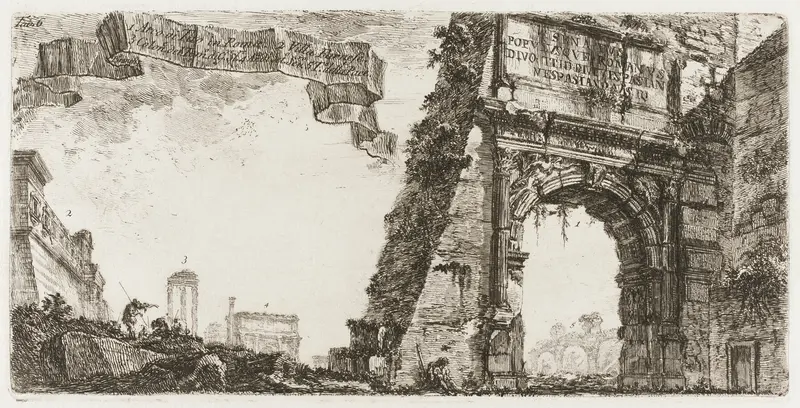 1. Arch of Titus. 2. Villa Farnese. 3. Columns of the Temple of Jupiter Stator [the Supporter]. 4. Arch of Septimius Severus. 5. Temple of Peace, plate six from Some Views of Triumphal Arches and other Monuments Wall Art by Giovanni Battista Piranesi - High-Resolution Digital Print
