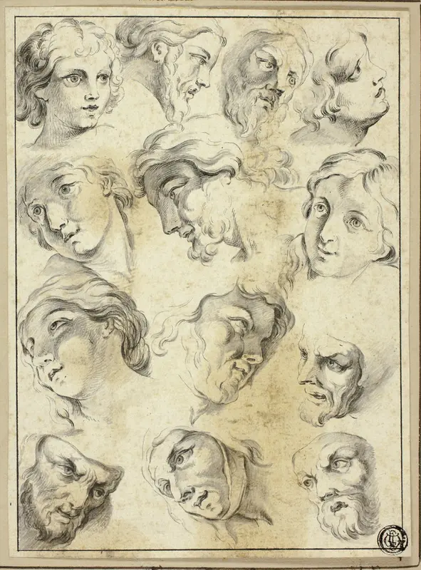 13 Sketches of Various Faces Wall Art by Abraham Bloemaert - High-Resolution Digital Print