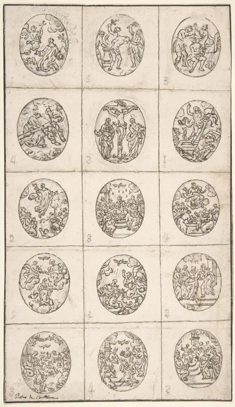 15 Oval Scenes From the Life of Christ and a Scene of a Saint Adoring the Holy Cross Wall Art by Anonymous, Italian, 17th or 18th century - High-Resolution Digital Print