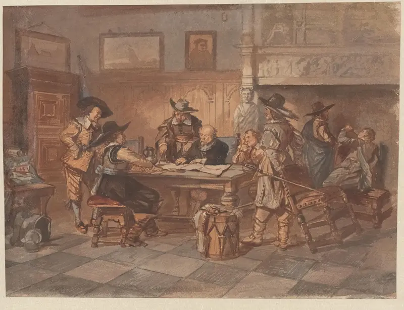17de-eeuws interieur met soldaten rond een tafel Wall Art by Unknown - High-Resolution Digital Print